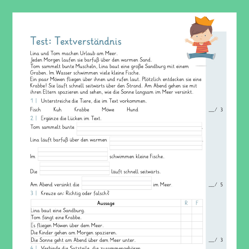 Königspaket: Textverständnis (Deutsch, 1. Klasse) - inklusive Test