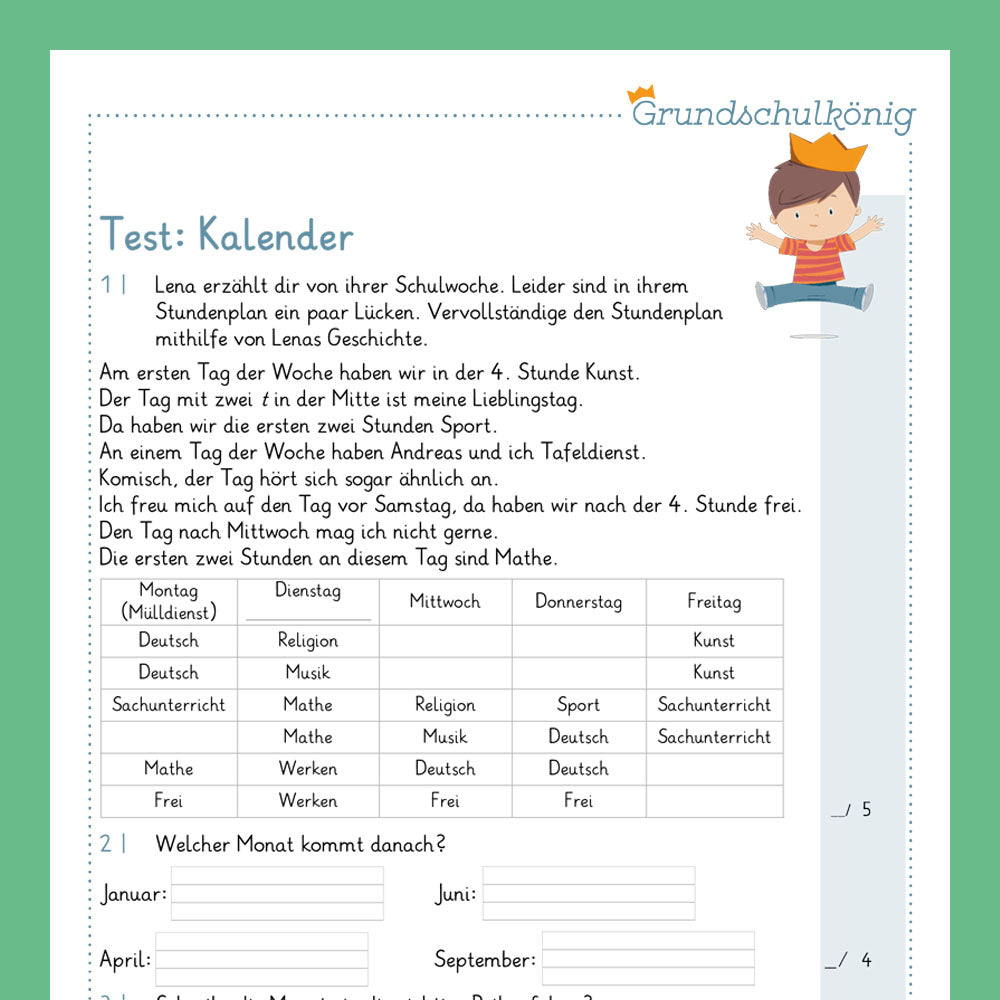 Königspaket: Kalender (Deutsch, 2. Klasse) - inklusive Test
