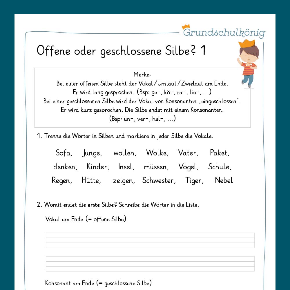 Königspaket: Offene und geschlossene Silben (Deutsch, 2. Klasse) - inklusive Test
