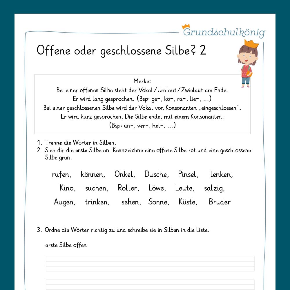 Königspaket: Offene und geschlossene Silben (Deutsch, 2. Klasse) - inklusive Test
