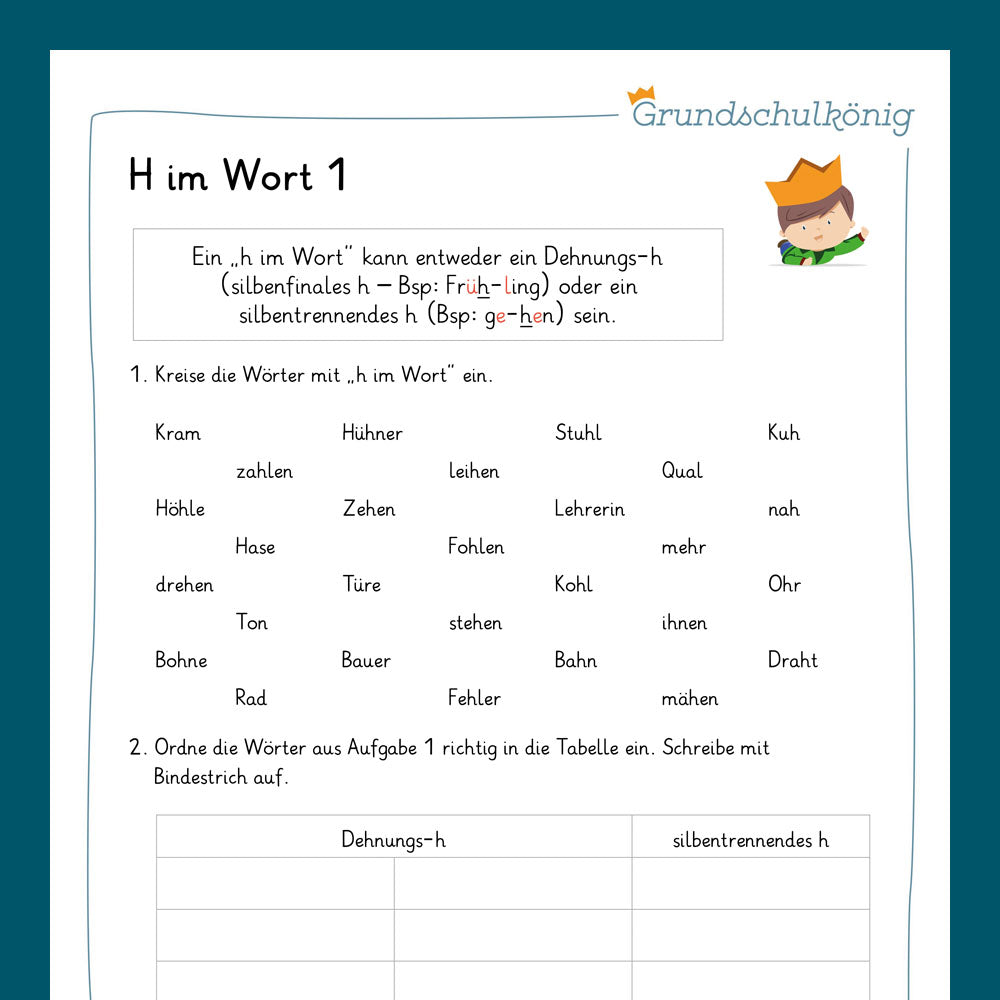 Königspaket: Rechtschreibung - h im Wort (Deutsch, 3. & 4. Klasse) - inklusive Test