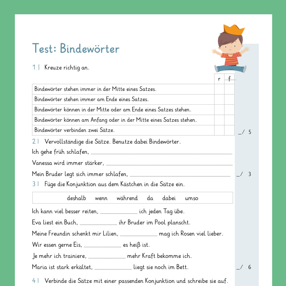 Königspaket: Bindewörter / Konjunktionen (Deutsch, 4. Klasse) - inklusive Test