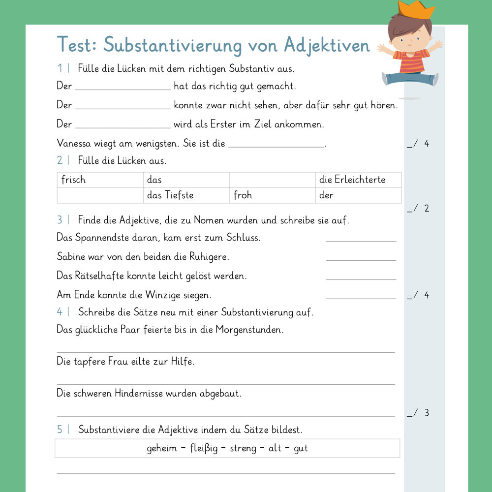 Königspaket: Substantivierung von Adjektiven (Deutsch, 4. Klasse) - inklusive Test