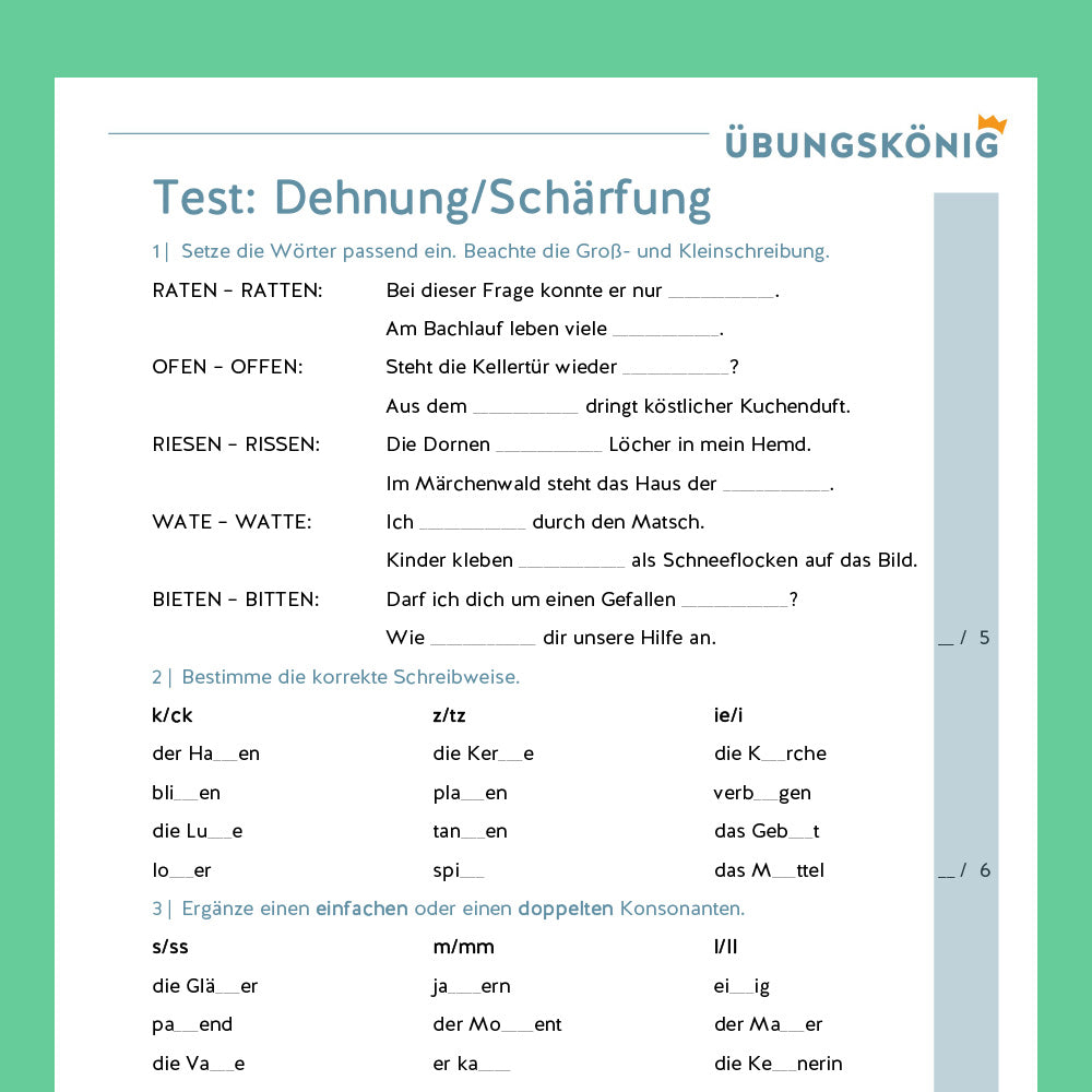 Königspaket: Dehnung und Schärfung (Deutsch, Rechtschreibung) - inklusive Test
