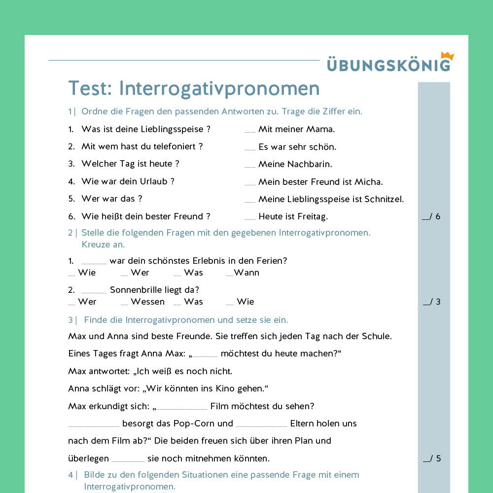 Königspaket: Interrogativpronomen (Deutsch, Wortarten) - inklusive Test