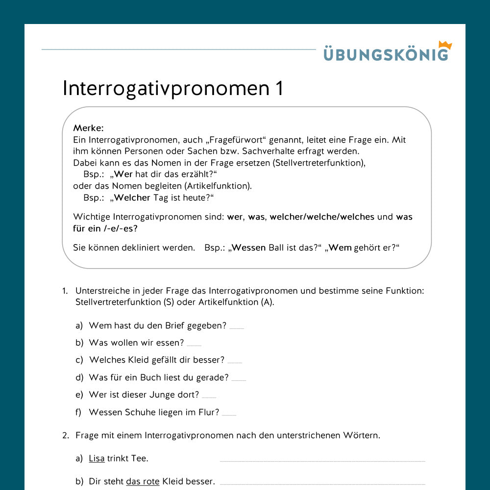 Königspaket: Interrogativpronomen (Deutsch, Wortarten) - inklusive Test