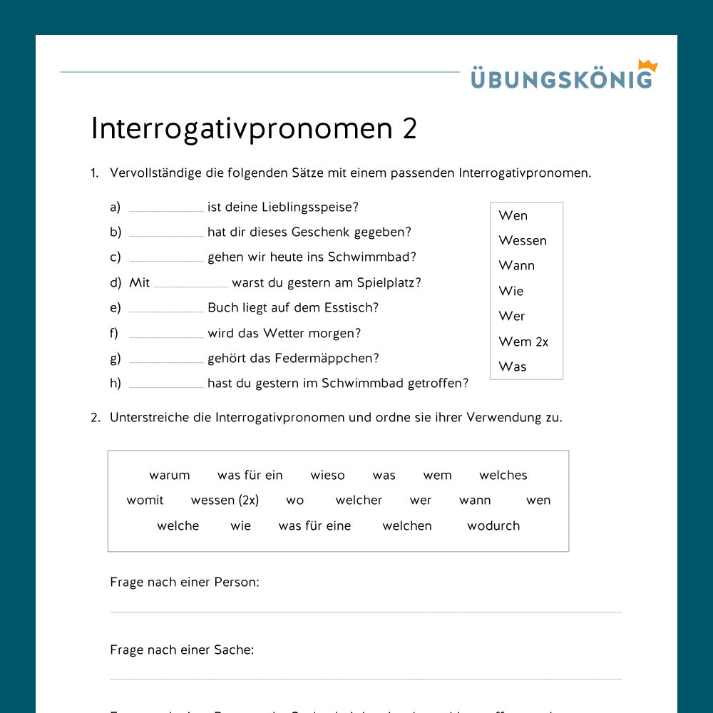 Königspaket: Interrogativpronomen (Deutsch, Wortarten) - inklusive Test