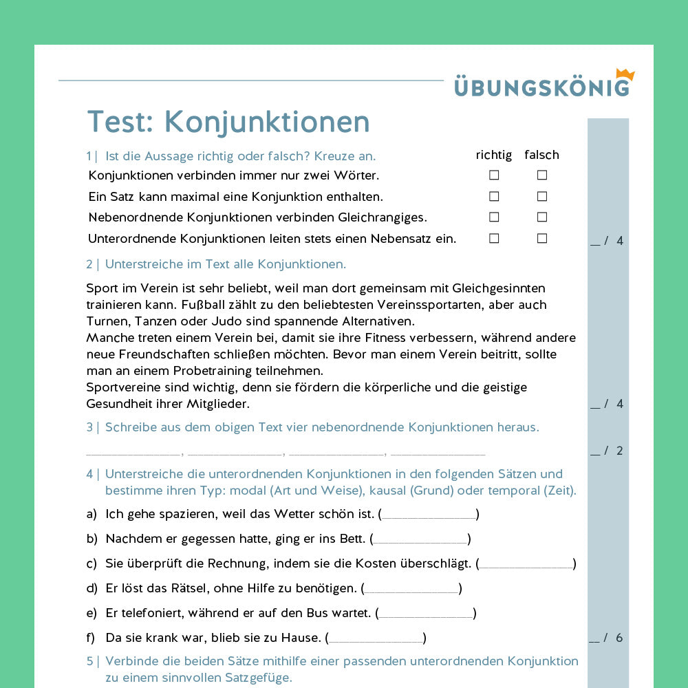 Königspaket: Konjunktionen (Deutsch, Wortarten) - inklusive Test