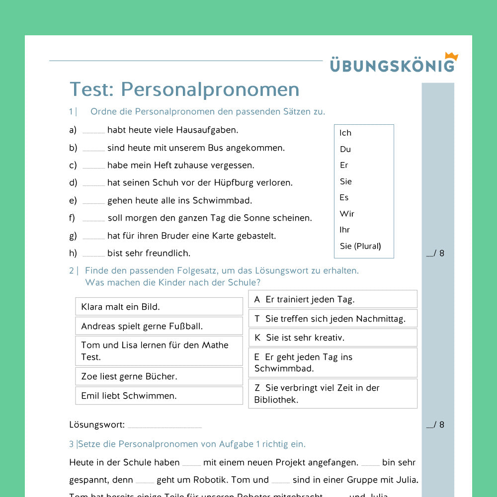 Königspaket: Personalpronomen (Deutsch, Wortarten) - inklusive Test