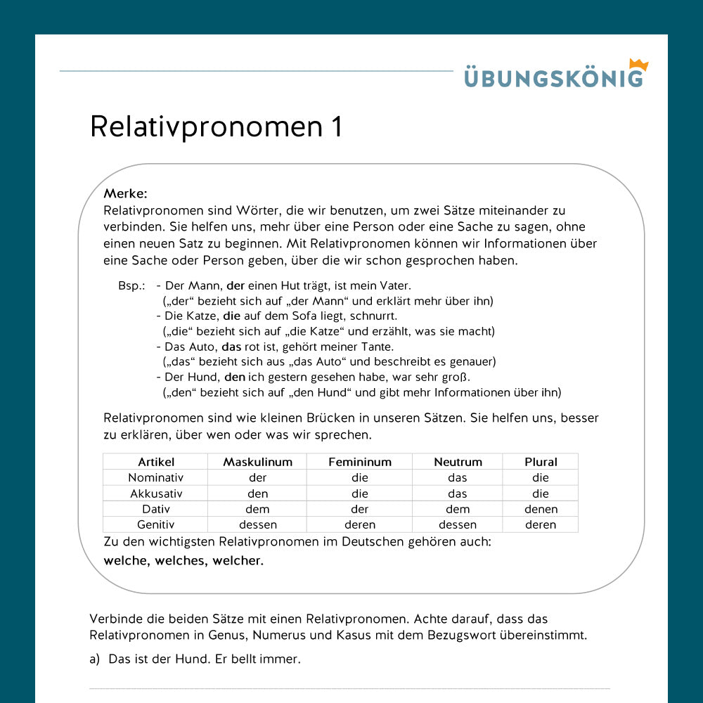 Königspaket: Relativpronomen (Deutsch, Wortarten) - inklusive Test