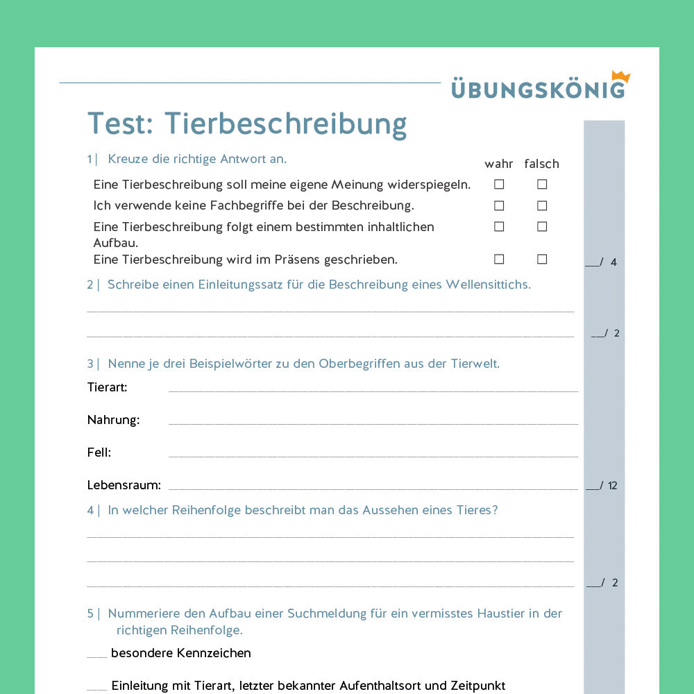 Königspaket: Tierbeschreibung (Deutsch, 5. Klasse) - inklusive Test