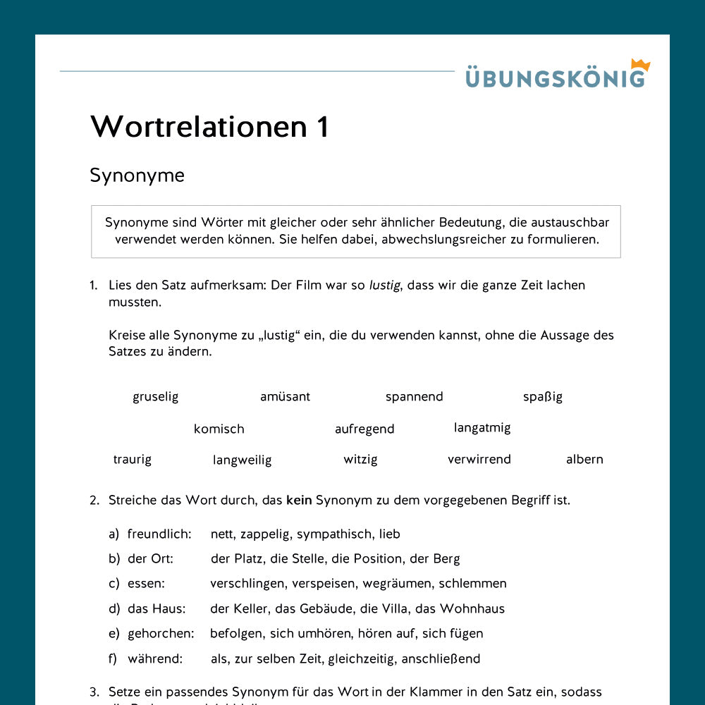 Königspaket: Wortrelationen (Antonyme, Synoyme, Homonyme) - inklusive Test