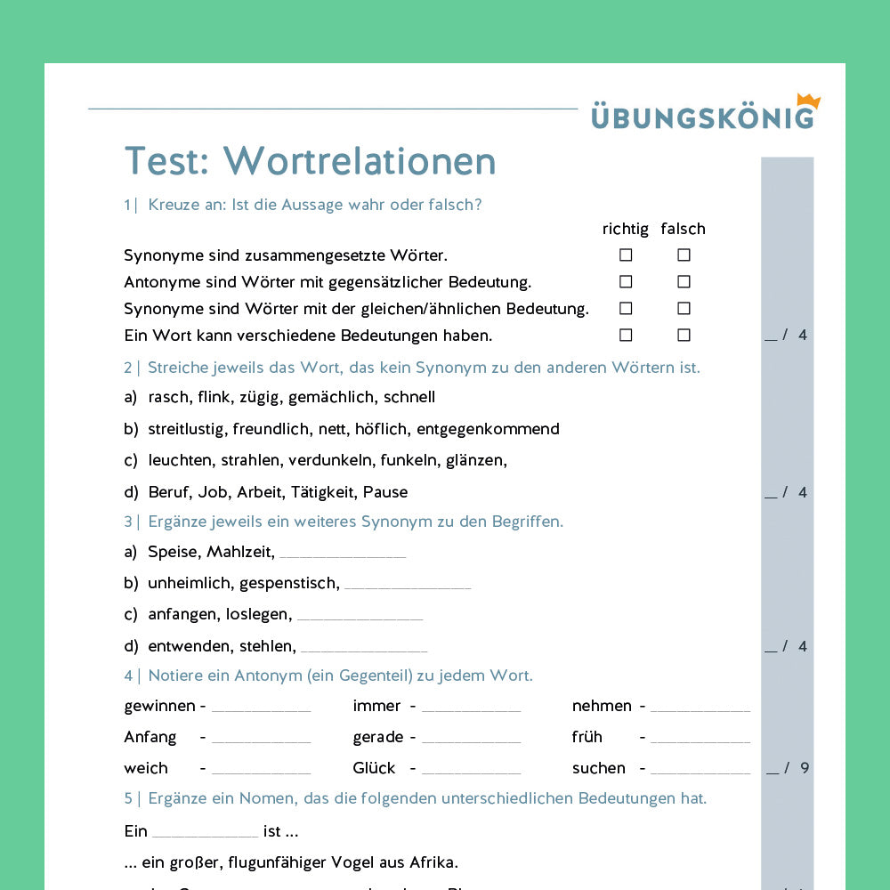 Königspaket: Wortrelationen (Antonyme, Synoyme, Homonyme) - inklusive Test