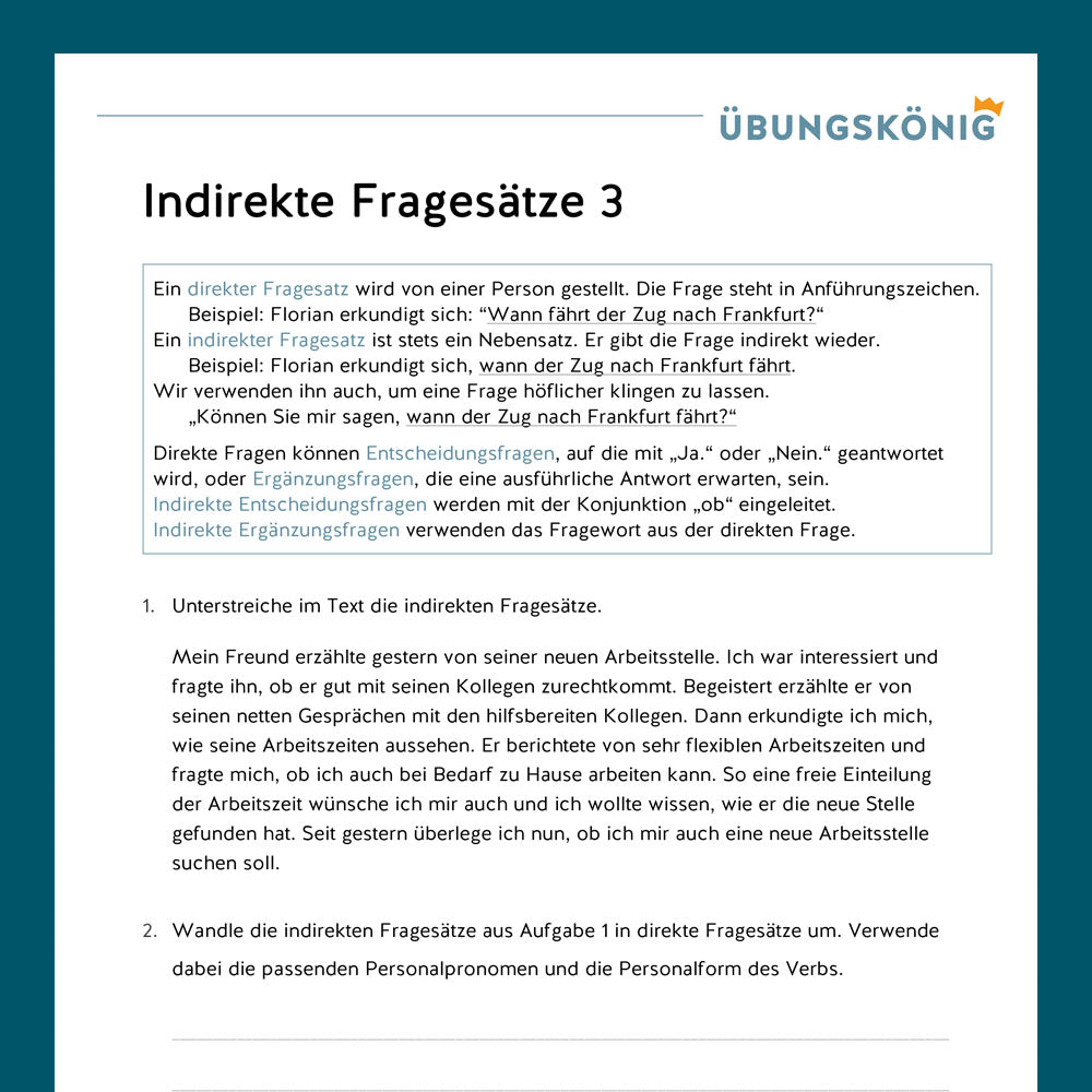 Königspaket: Indirekte Fragesätze (Deutsch, 6. Klasse) - inklusive Test