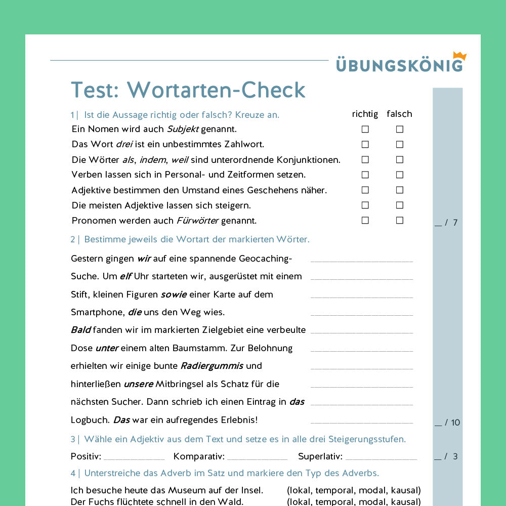 Königspaket: Wortarten-Check (gemischte Übungen, Deutsch, 6. Klasse) - inklusive Test