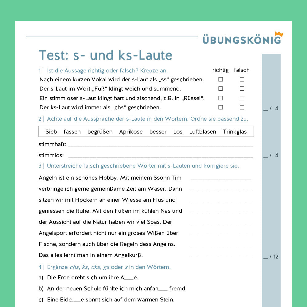 Königspaket: s-Laute und ks-Laute (Deutsch, Rechtschreibung) - inklusive Test