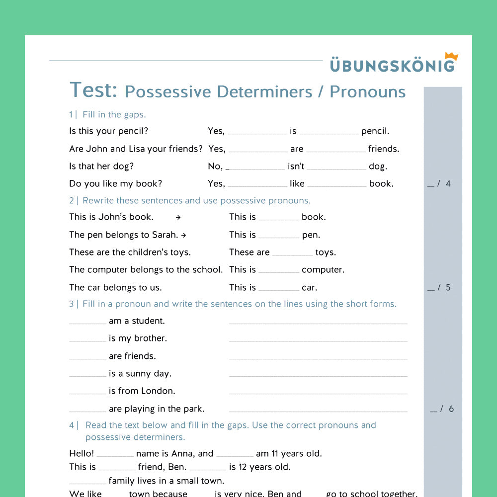 Königspaket: Personalpronomen und Possessivbegleiter (Englisch, 5. Klasse) - inklusive Test