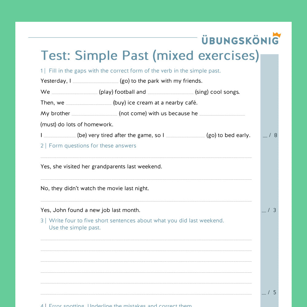Königspaket: Simple Past - Mixed Exercises (Englisch, 5. Klasse) - mit Test