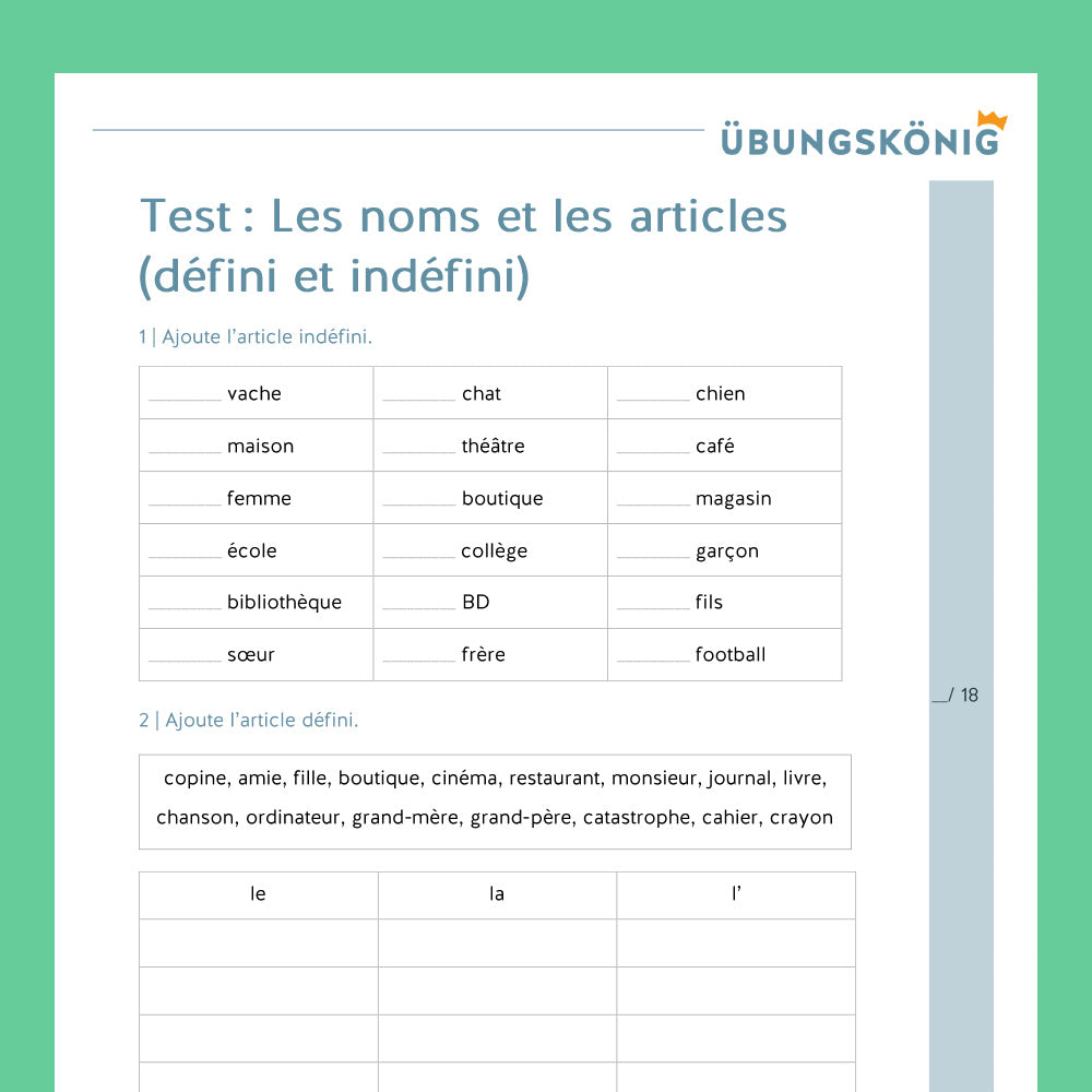 Königspaket: Bestimmter und unbestimmter Artikel (Französisch, 1. Lernjahr) - inklusive Test!