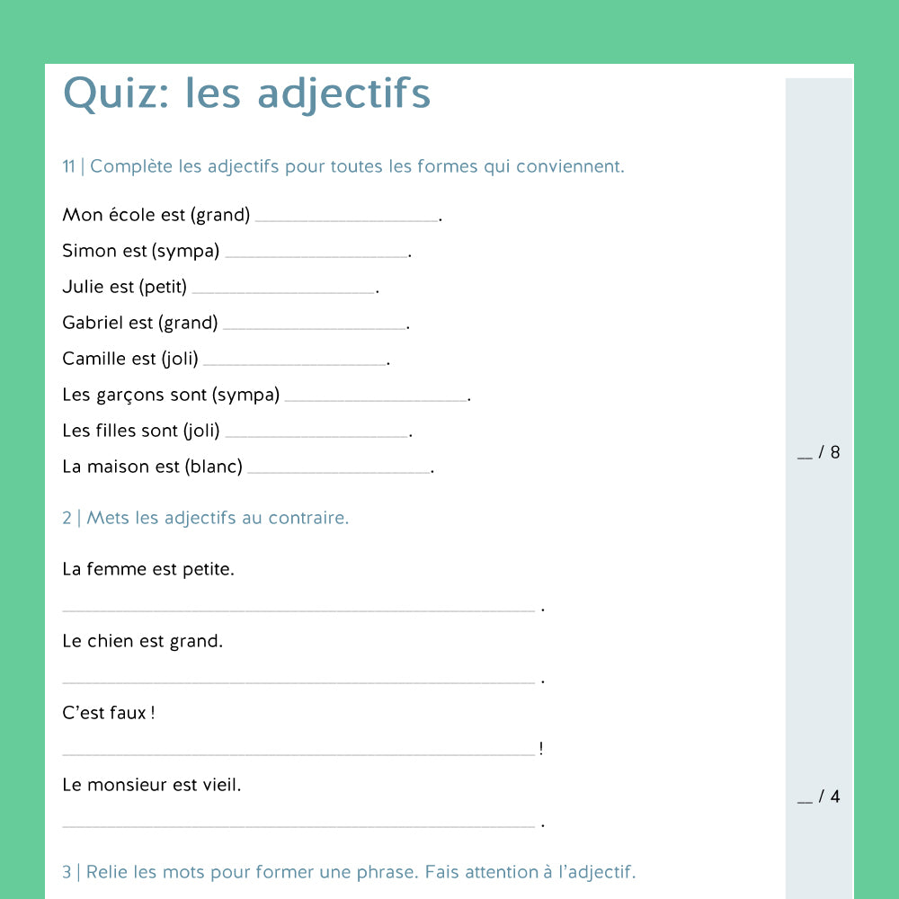Master Bundle: L'Adjectif / the Adjective (French 1rst Year) - including quiz