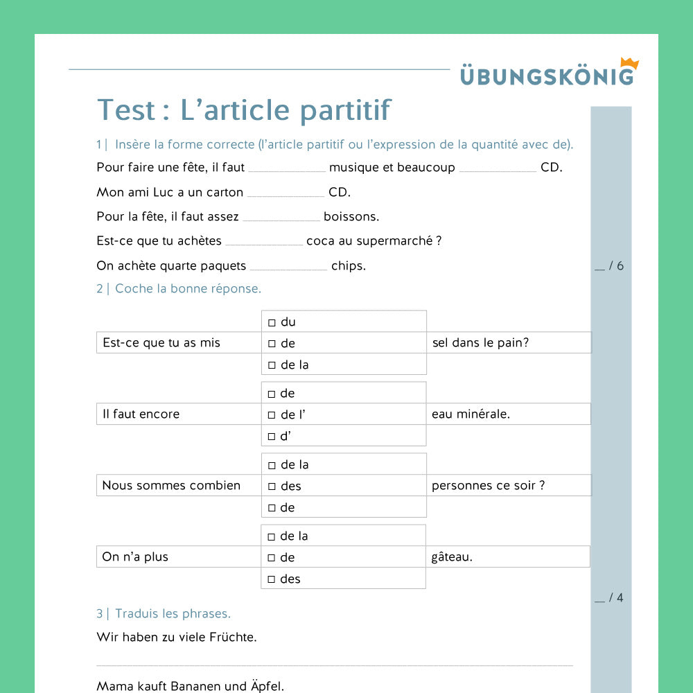 Top package: l'article partitif - the participle article (French, 2nd year) - including test!