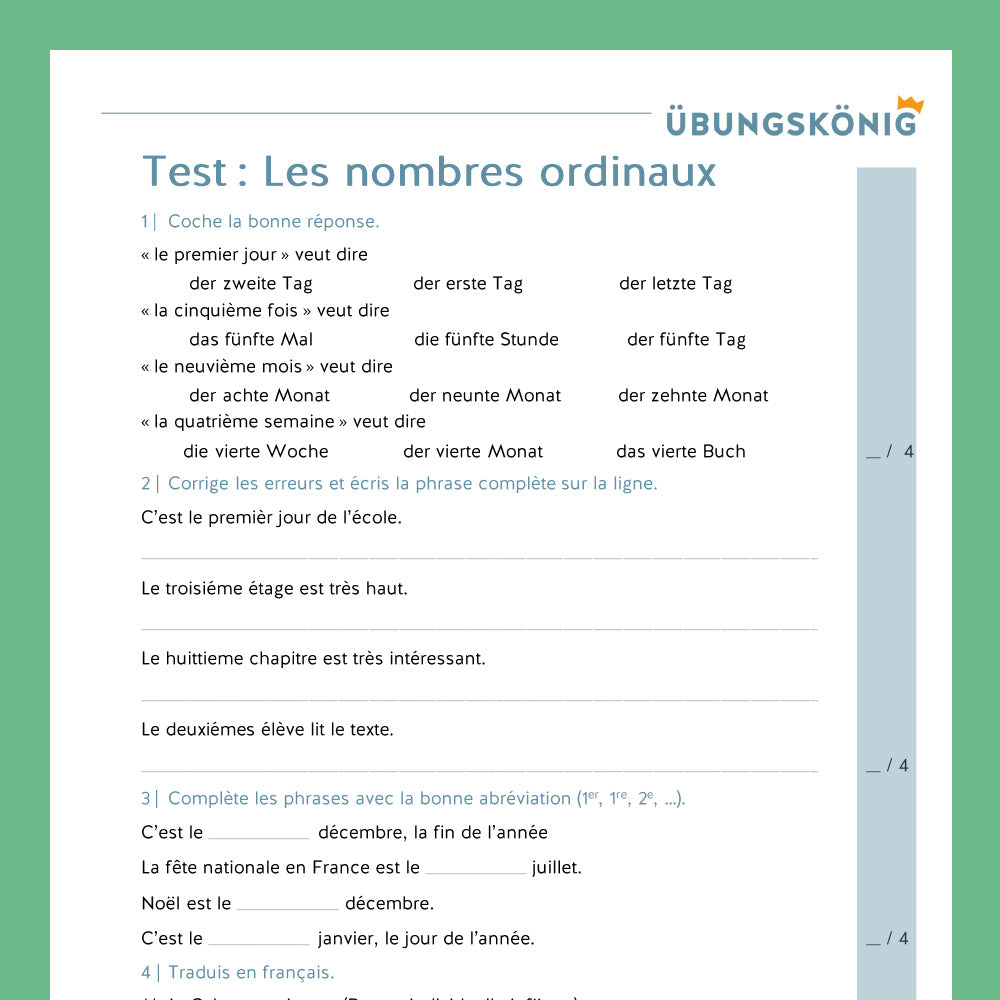 Königspaket: les nombres ordinaux - Ordnungszahlen (Französisch, 2. Lernjahr) - inklusive Test