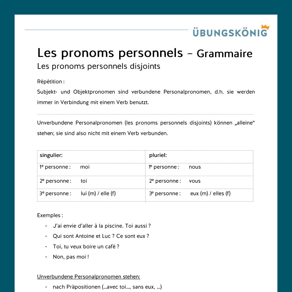 Königspaket: Personalpronomen - unverbunden, Französisch 2. Lernjahr - inklusive Test