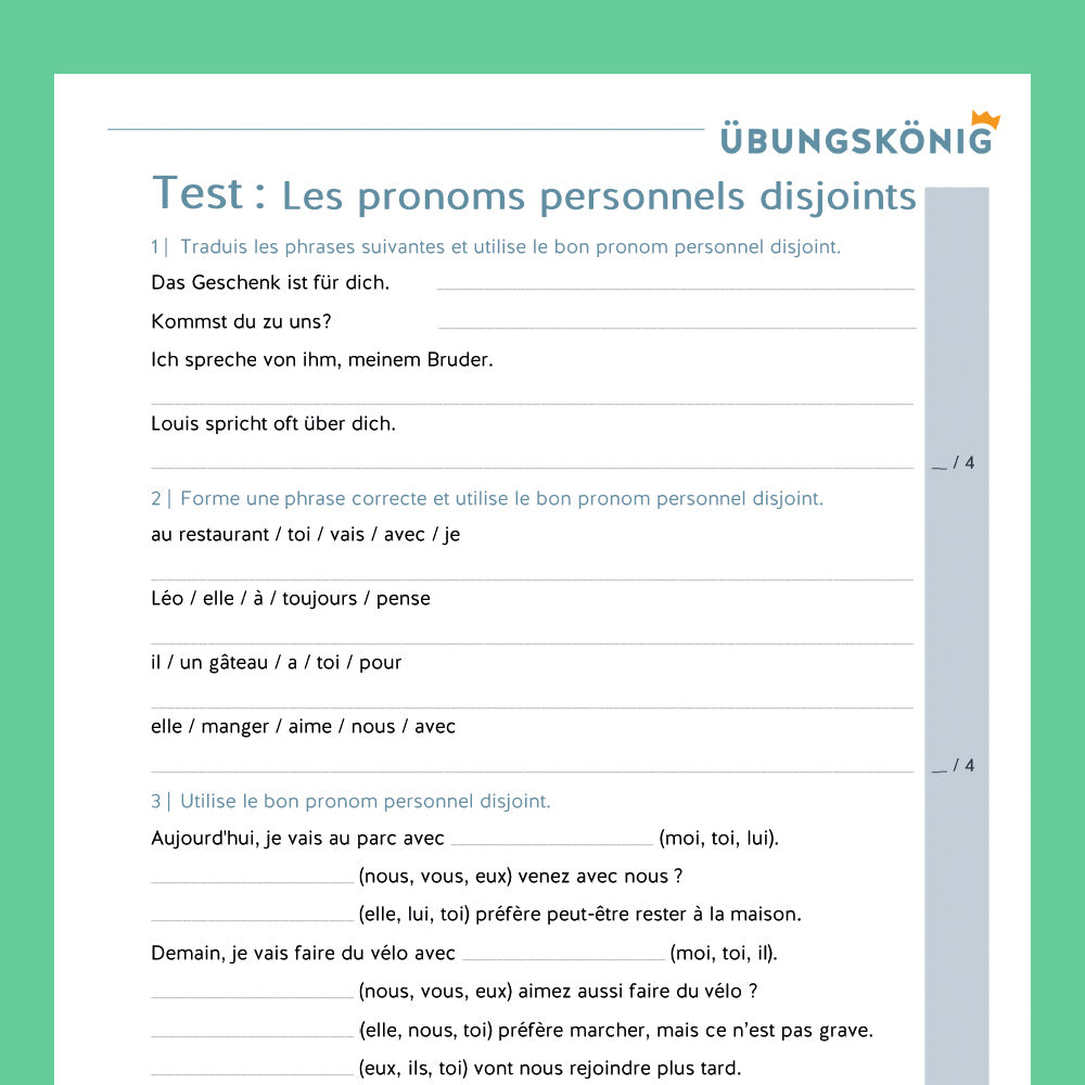 Königspaket: Personalpronomen - unverbunden, Französisch 2. Lernjahr - inklusive Test