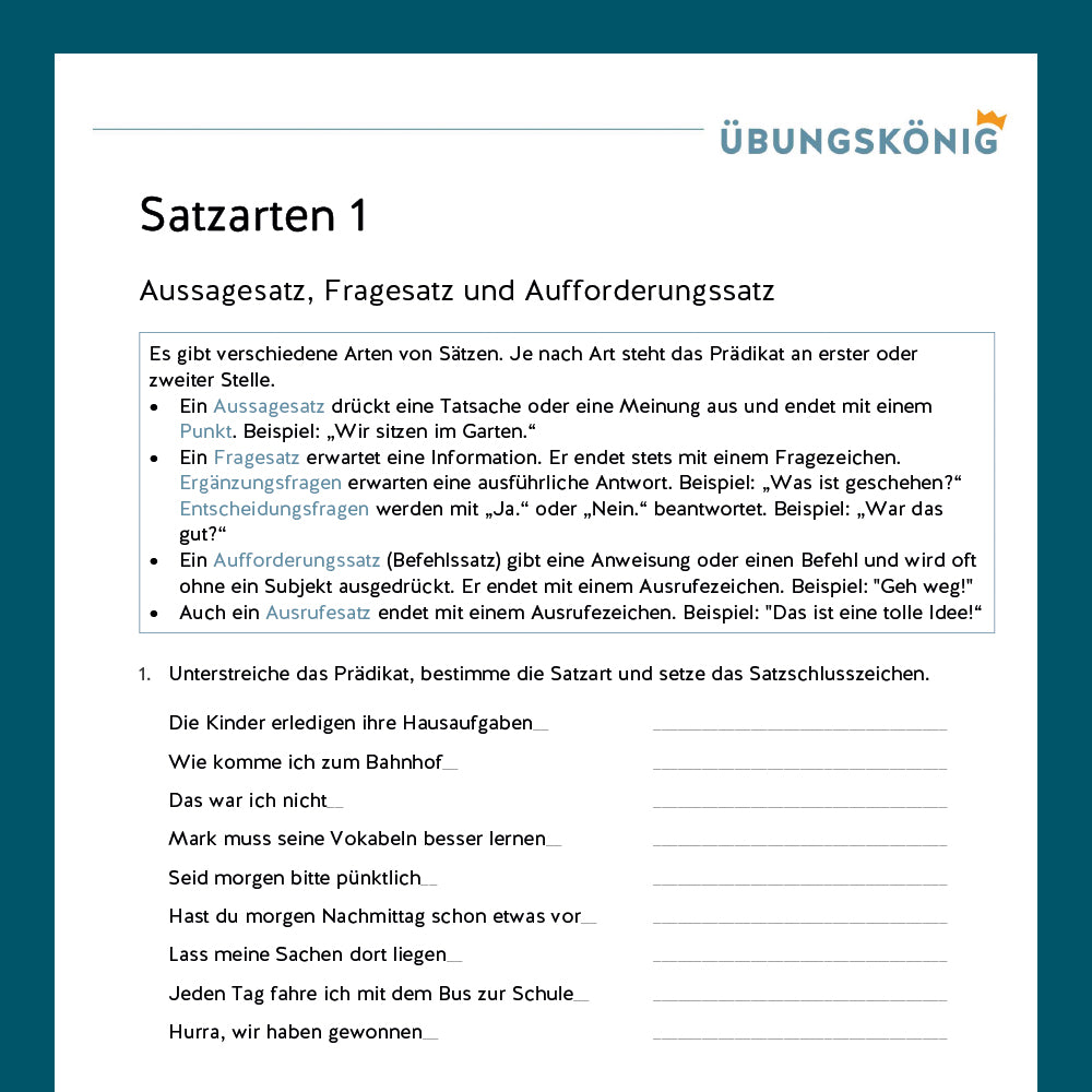 Königspaket: Satzarten (Deutsch, 5. Klasse) - inklusive Test!