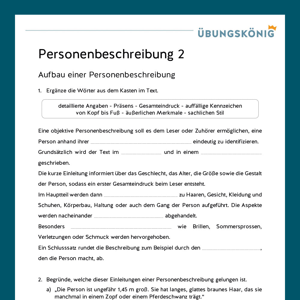 Königspaket: Personenbeschreibung (Deutsch, 5. Klasse) - inklusive Test!