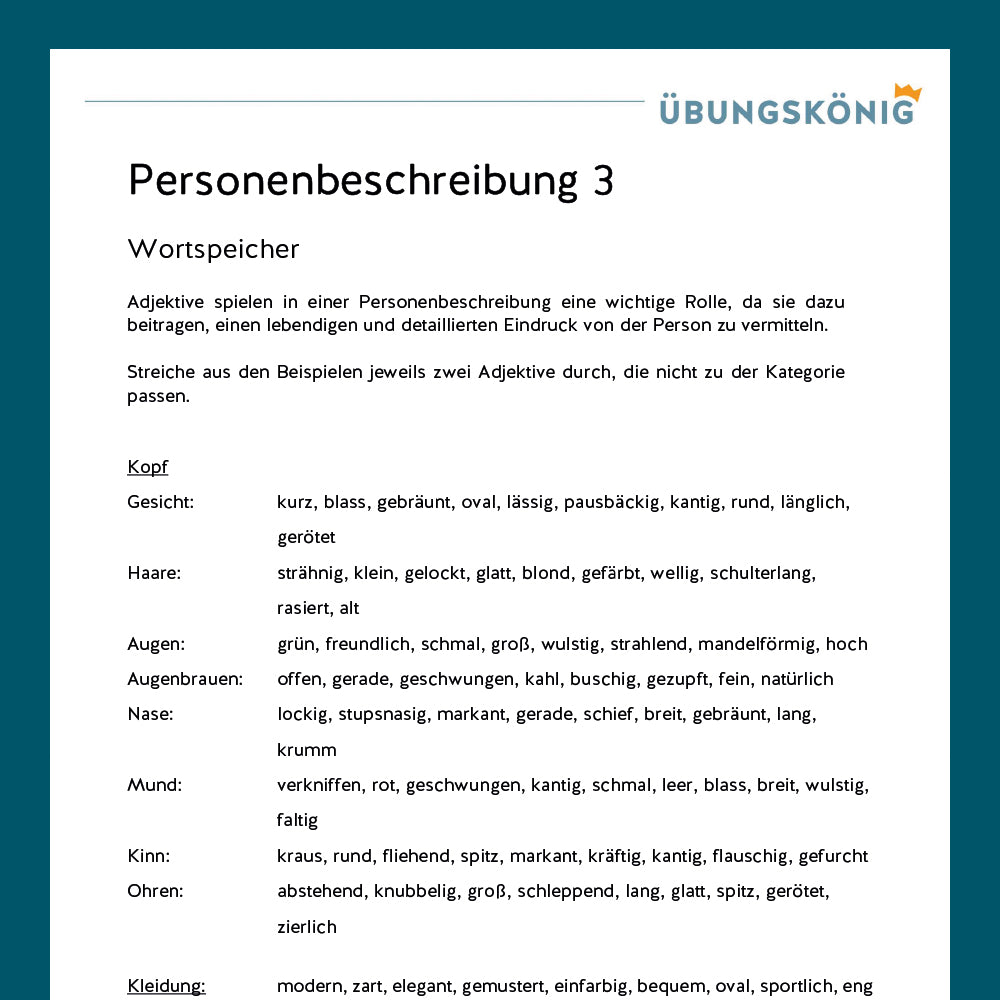 Königspaket: Personenbeschreibung (Deutsch, 5. Klasse) - inklusive Test!