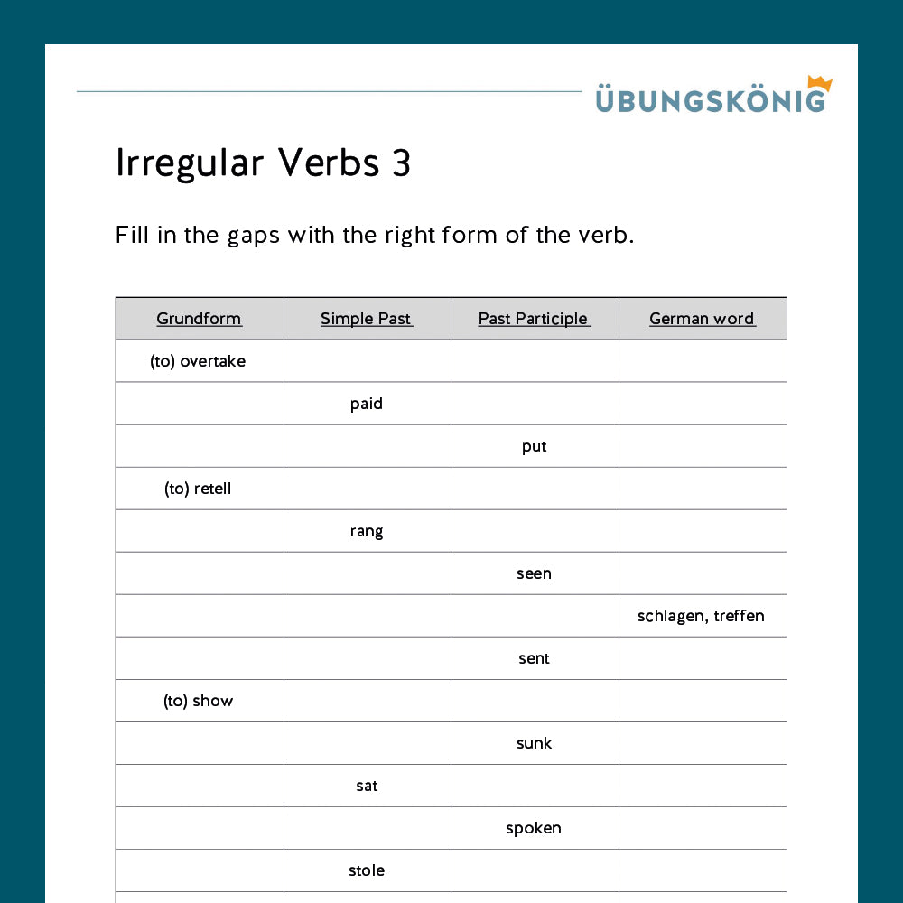 Königspaket: Irregular Verbs mit Past Participle (Englisch, 6. Klasse)