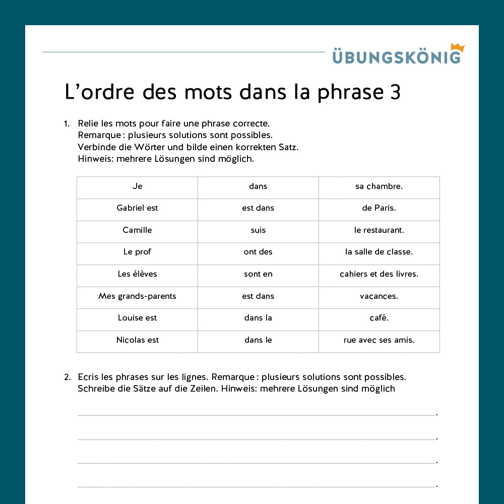 Königspaket: Satzfolge - L'ordre des mots dans la phrase (Französisch, 1. Lernjahr) - inklusive Test!
