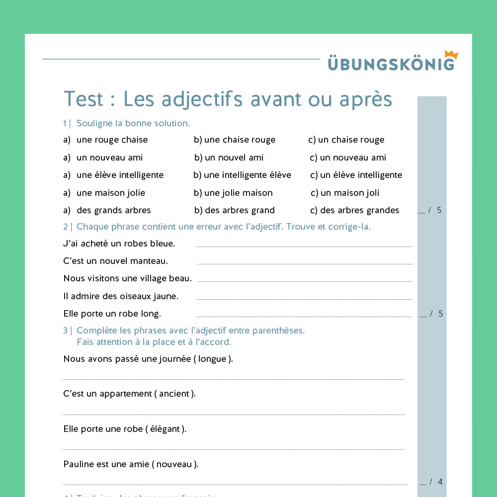 Königspaket: les adjectifs - Adjektive vor- und nachgestellt (Französisch, 2. Lernjahr) - inklusive Test