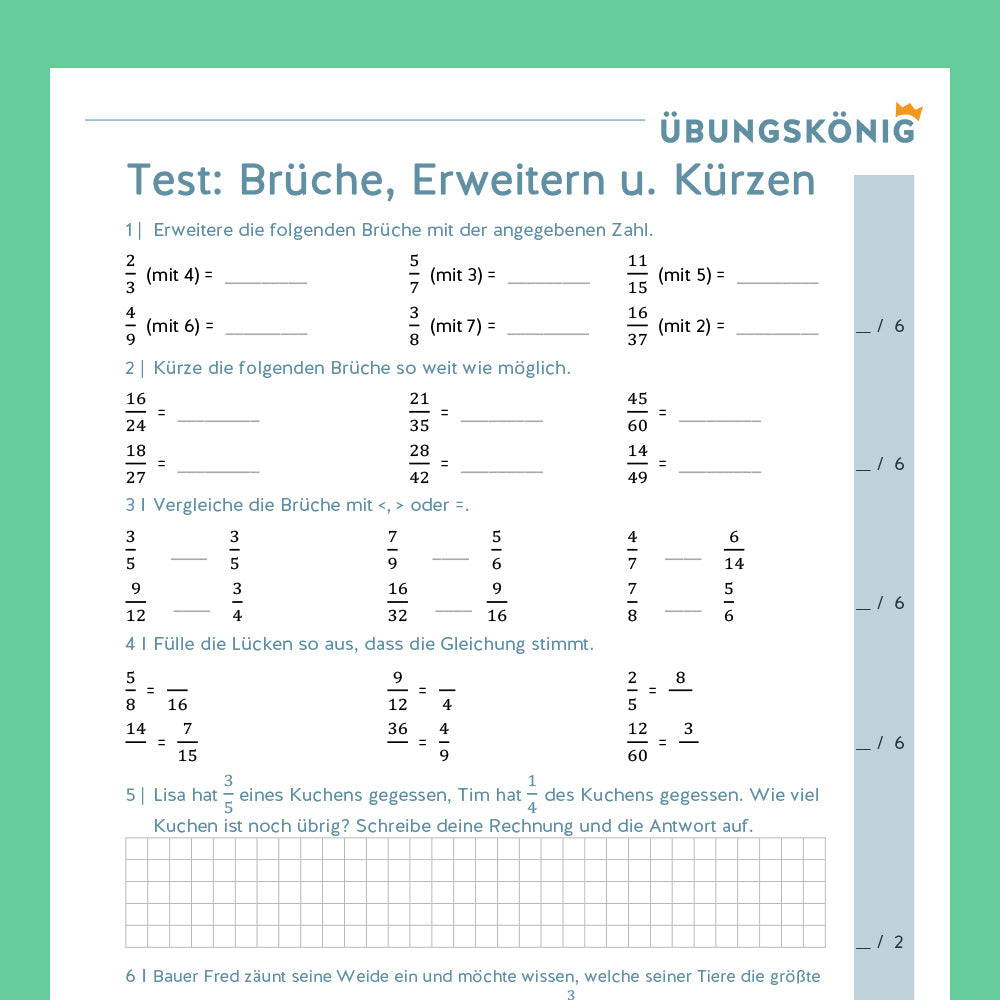 Königspaket: Brüche - Erweitern und Kürzen (Mathe, 6. Klasse) - inklusive Test