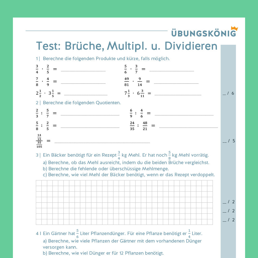 Königspaket: Brüche - Multiplizieren und Dividieren (Mathe, 6. Klasse) - inklusive Test