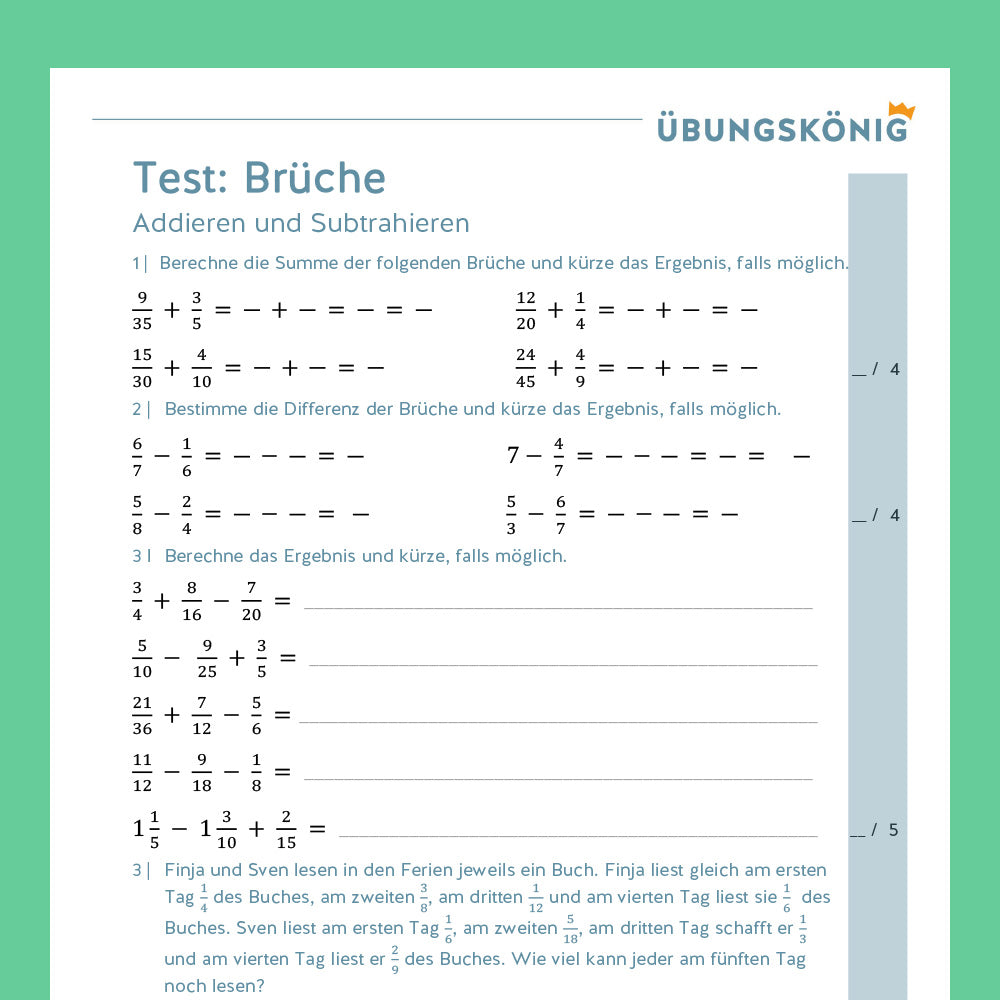 Königspaket: Brüche - Addieren und Subtrahieren (Mathe, 6. Klasse) - inklusive Test