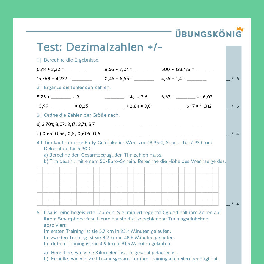Königspaket: Dezimalzahlen - Addition und Subtraktion (Mathe, 6. Klasse) - inklusive Test