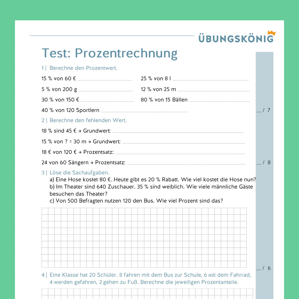 Königspaket: Prozentrechnung (Mathe, 6. Klasse) - mit Test