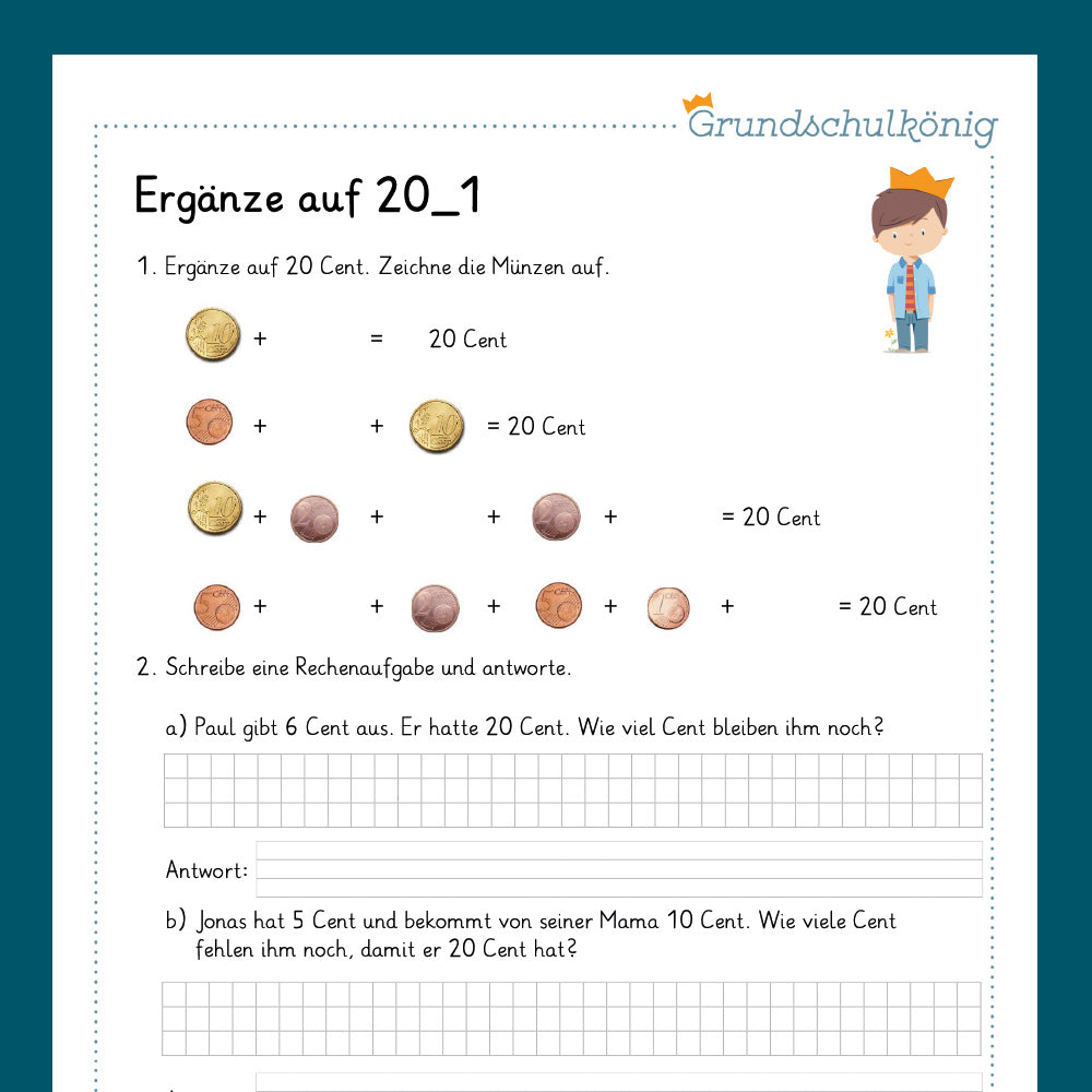 Königspaket: Euro und Cent - Ergänze auf 20 (Mathe, 1. Klasse) - inklusive Test