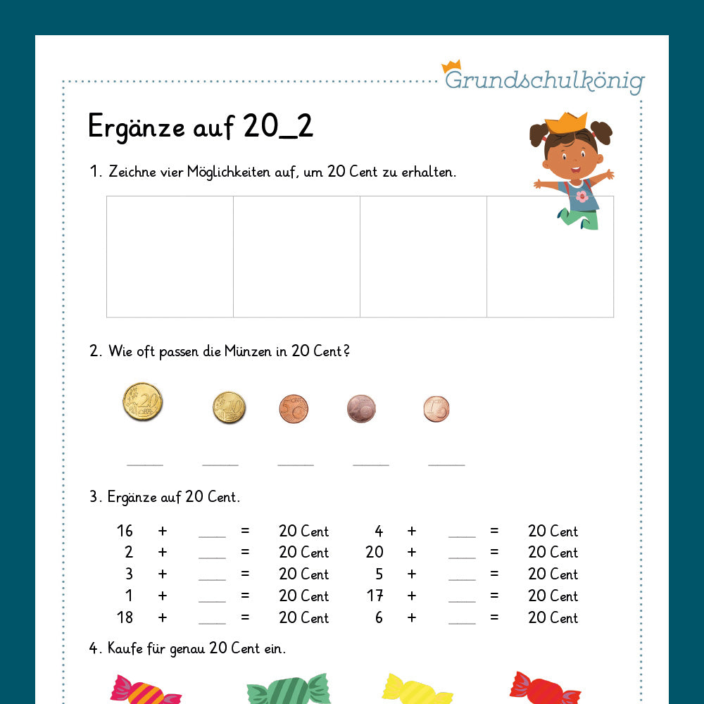 Königspaket: Euro und Cent - Ergänze auf 20 (Mathe, 1. Klasse) - inklusive Test