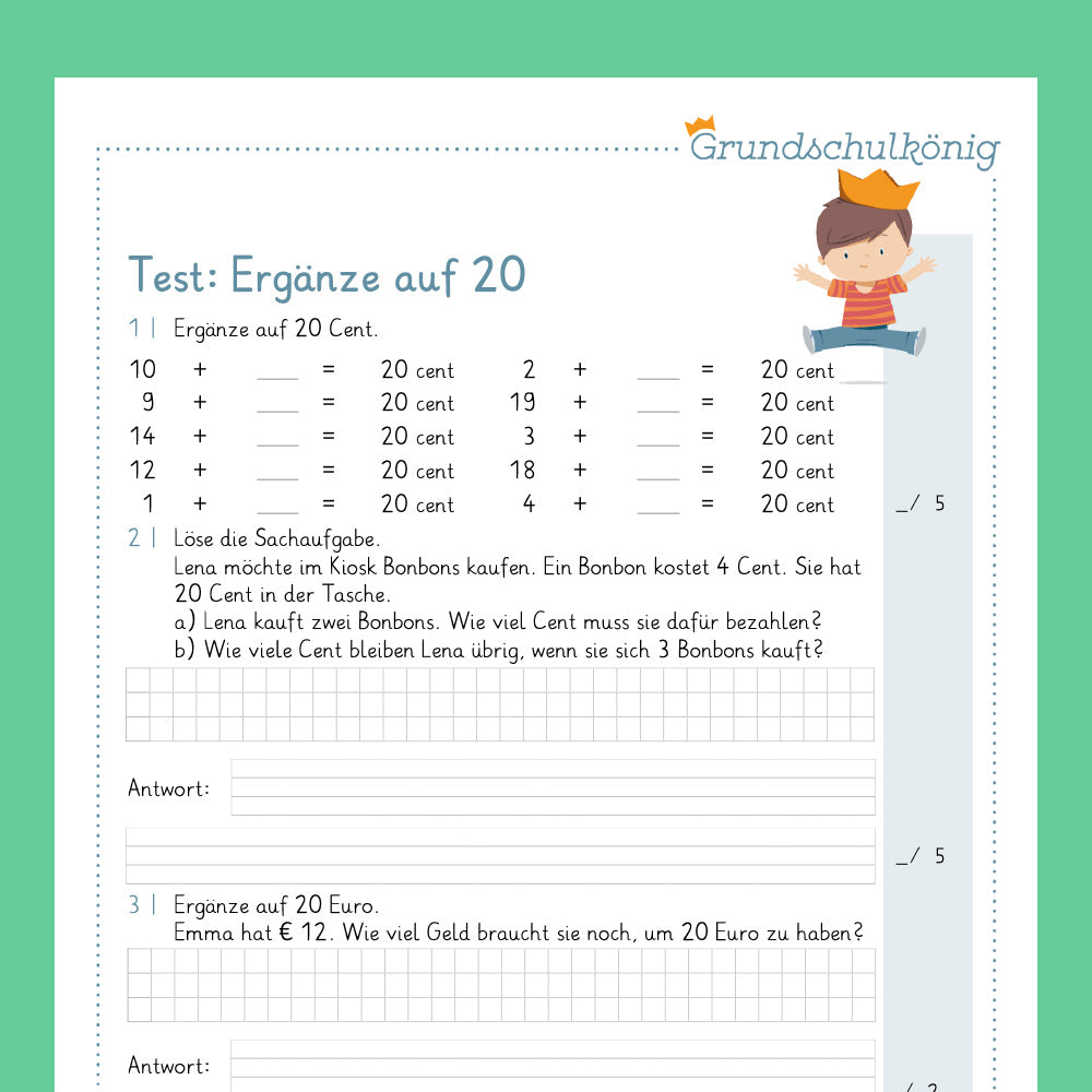 Königspaket: Euro und Cent - Ergänze auf 20 (Mathe, 1. Klasse) - inklusive Test