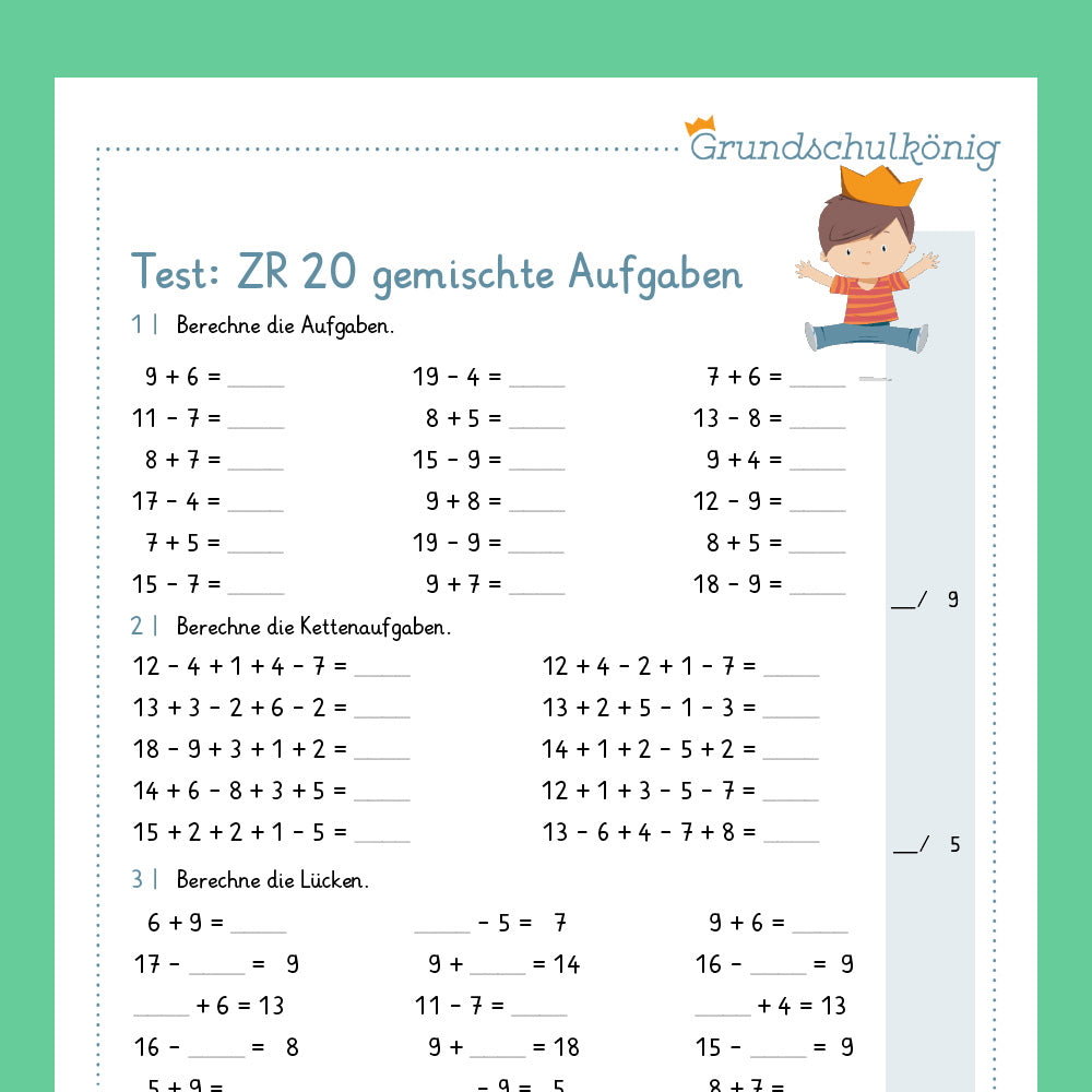 Königspaket: Gemischte Aufgaben im ZR 20 (Mathe, 1. Klasse) - inklusive Test