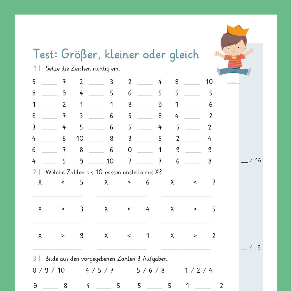 Königspaket: Größer, kleiner oder gleich? Zahlenraum 10 (Mathe, 1. Klasse) - inklusive Test