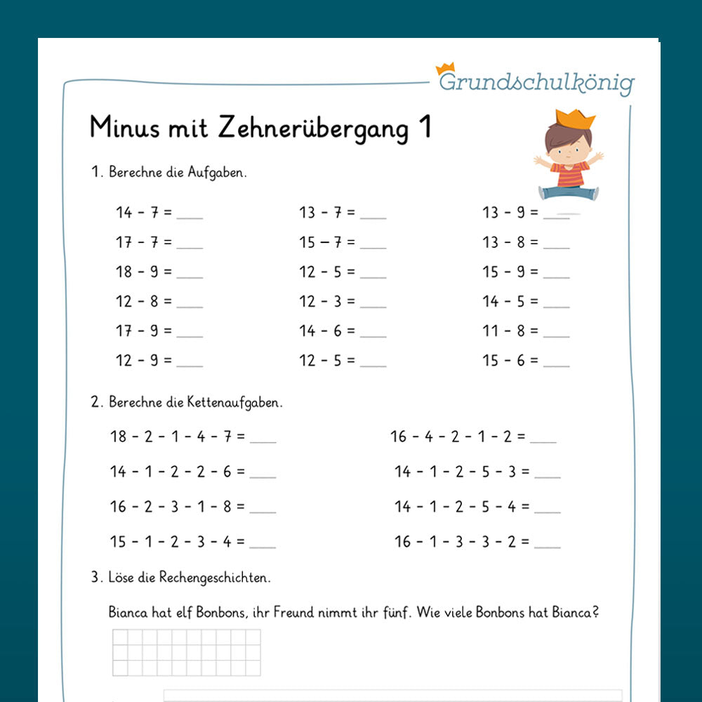 Königspaket: Subtraktion mit Zehnerübergang im ZR 20 (Mathe, 1. Klasse) - inklusive Test