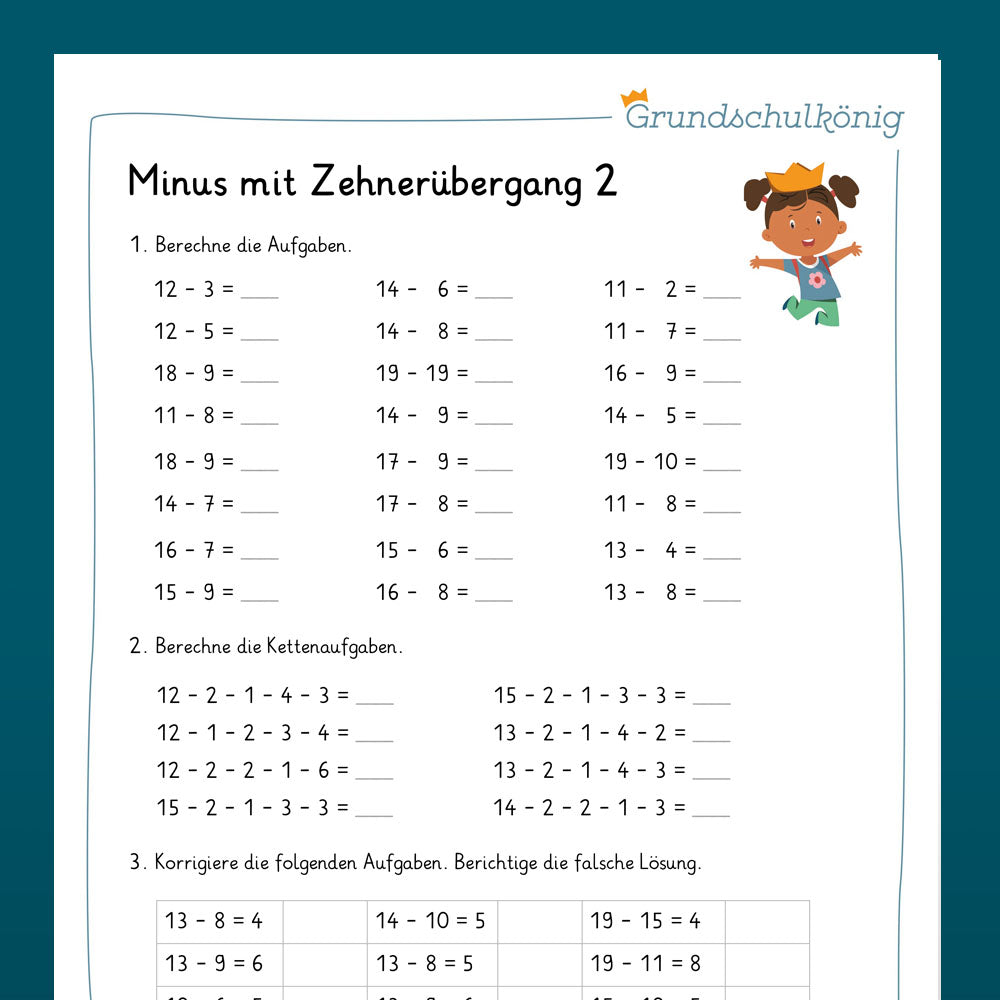 Königspaket: Subtraktion mit Zehnerübergang im ZR 20 (Mathe, 1. Klasse) - inklusive Test
