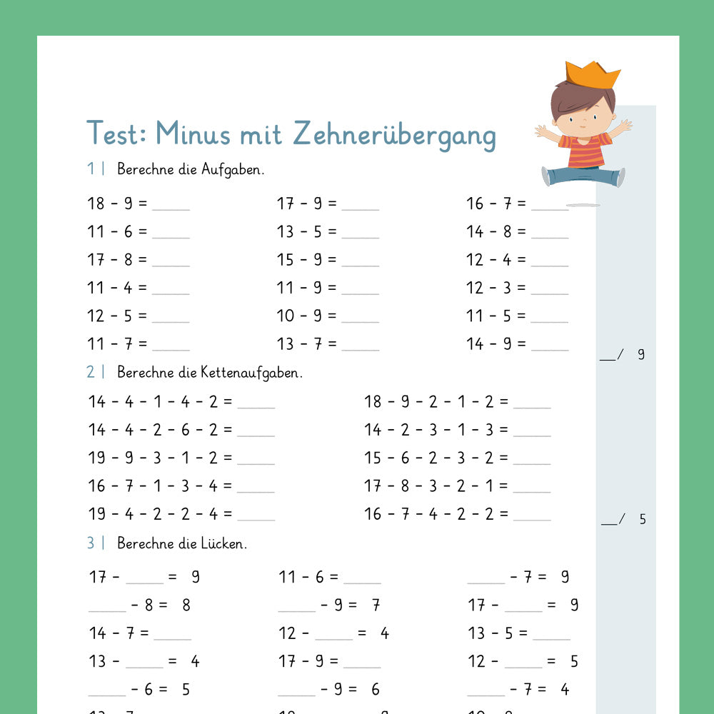 Königspaket: Subtraktion mit Zehnerübergang im ZR 20 (Mathe, 1. Klasse) - inklusive Test