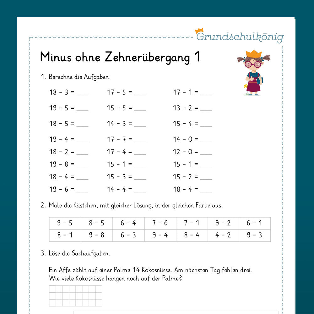 Königspaket: Subtraktion ohne Zehnerübergang im ZR 20 (Mathe, 1. Klasse) - inklusive Test