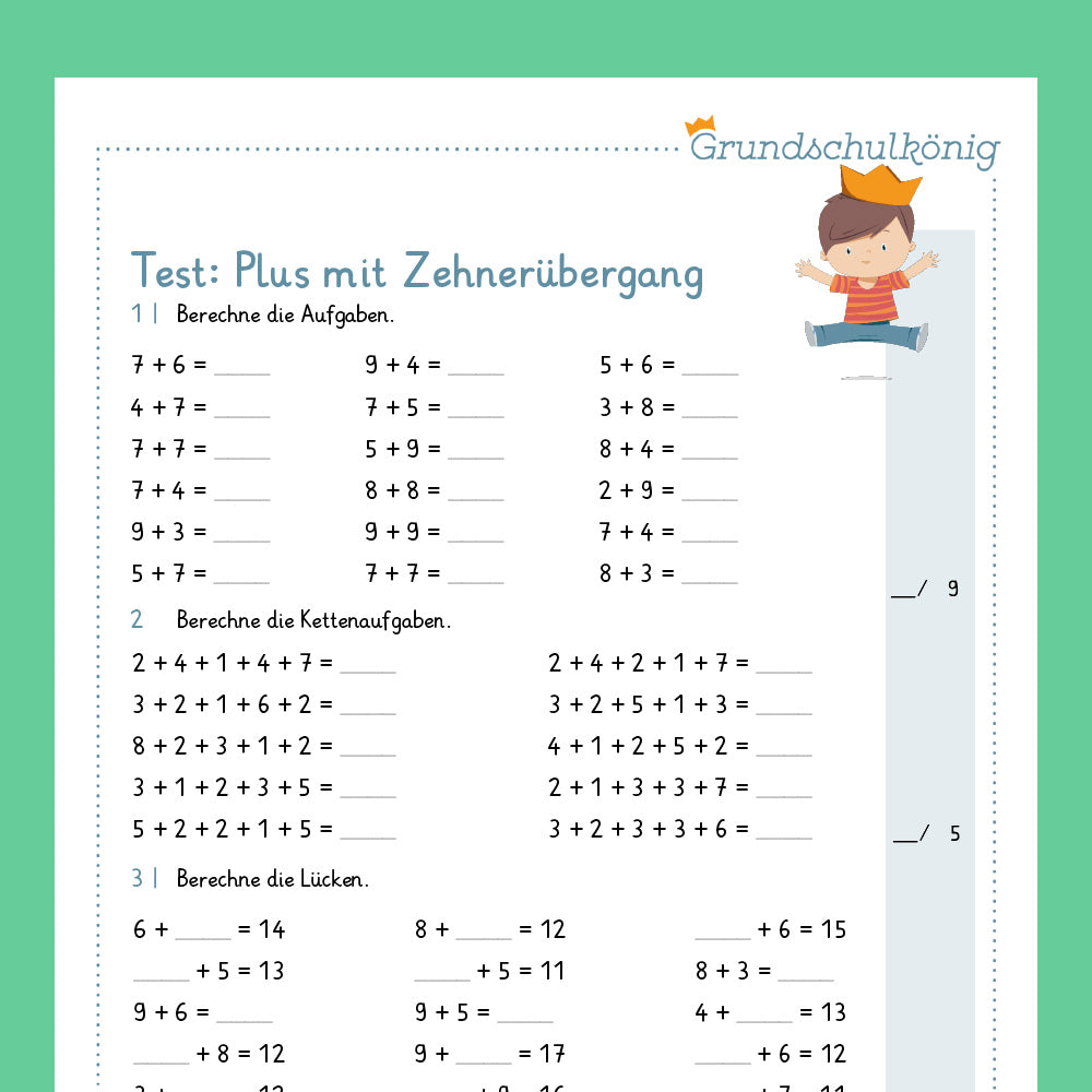 Königspaket: Addition mit Zehnerübergang im ZR 20 (Mathe, 1. Klasse) - inklusive Test