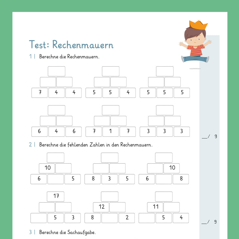 Königspaket: Zahlenmauern mit gemischten Aufgaben im ZR 20 (Mathe, 1. Klasse) - inklusive Test